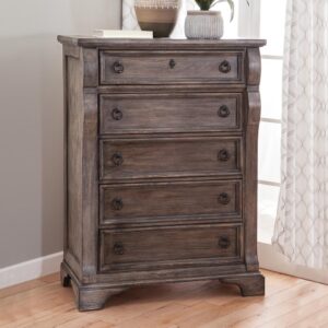 An heirloom is a timeless treasure that passes from generation to generation bringing each family member immeasurable joy through memories. The Heirloom Five Drawer Chest is a masterful piece of tradition finished in a distressed rustic charcoal with rubbed through highlights. From the heavy top to the beaded drawer fronts this chest of drawers was made to love for generations. The pewter ring pulls are brushed for a traditional look and feel. The drawers feature roller bearing side glides  with positive drawer stops for years of smooth quiet function. And the 14 ½" drawers have English dovetail construction and fully finished interiors for a lifetime of snag free use. Enjoy a tradition of creating ageless family heirlooms with the Heirloom Five Drawer Chest.
