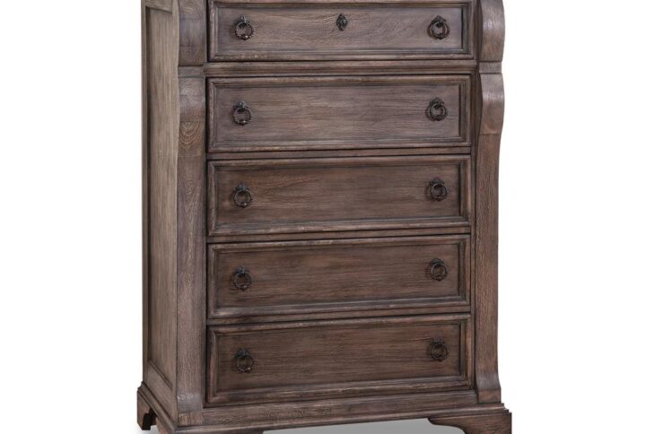 An heirloom is a timeless treasure that passes from generation to generation bringing each family member immeasurable joy through memories. The Heirloom Five Drawer Chest is a masterful piece of tradition finished in a distressed rustic charcoal with rubbed through highlights. From the heavy top to the beaded drawer fronts this chest of drawers was made to love for generations. The pewter ring pulls are brushed for a traditional look and feel. The drawers feature roller bearing side glides  with positive drawer stops for years of smooth quiet function. And the 14 ½" drawers have English dovetail construction and fully finished interiors for a lifetime of snag free use. Enjoy a tradition of creating ageless family heirlooms with the Heirloom Five Drawer Chest.