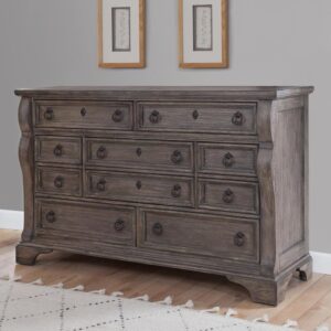 An heirloom is a timeless treasure that passes from generation to generation bringing each family member immeasurable joy through memories. The Heirloom Triple Dresser is a masterful piece of tradition finished in a distressed rustic charcoal with rubbed through highlights. From the heavy top to the beaded drawer fronts this dresser was made to love for generations. The pewter ring pulls are brushed for a traditional look and feel. The drawers feature roller bearing side glides with positive drawer stops for years of smooth quiet function. And the 14 ½" drawers have English dovetail construction and fully finished interiors for a lifetime of snag free use. Enjoy a tradition of creating ageless family heirlooms with the Heirloom Triple Dresser.