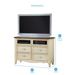 this Entertainment Center from The Chateau Collection lets you have the best of both worlds. This piece is made of Mahogany solids framed in veneers and finished in a pleasing antique white with intentional distressing