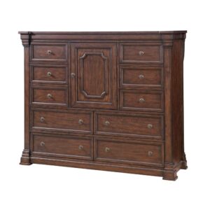 Kestrel Hills brings traditional style and elegance to the bedroom for today's home fashion. The exquisite and rich finish on this collection is highlighted by the figure of the mango veneers and the transitional metal hardware is the perfect jewelry for the high end finish and wood tone.  The generous Master Chest with ten drawers and one cabinet