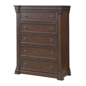 Kestrel Hills brings traditional style and elegance to the bedroom for today's home fashion. The exquisite and rich finish on this collection is highlighted by the figure of the mango veneers and the transitional metal hardware is the perfect jewelry for the high end finish and wood tone.  The 5 Drawer Chest features 3/4 extension roller bearing side glides and felt lining in the top drawer.  Case pieces are dust proofed and drawer interiors are fully finished to protect garments.   Kestrel Hills