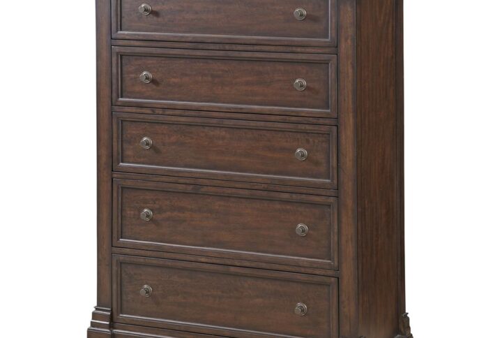 Kestrel Hills brings traditional style and elegance to the bedroom for today's home fashion. The exquisite and rich finish on this collection is highlighted by the figure of the mango veneers and the transitional metal hardware is the perfect jewelry for the high end finish and wood tone.  The 5 Drawer Chest features 3/4 extension roller bearing side glides and felt lining in the top drawer.  Case pieces are dust proofed and drawer interiors are fully finished to protect garments.   Kestrel Hills