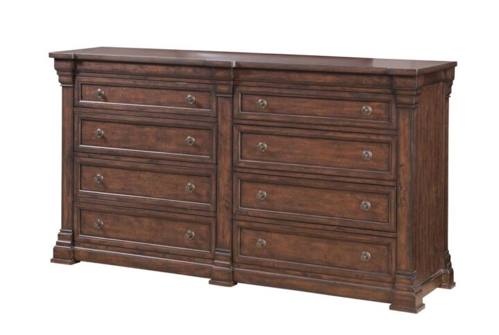 Kestrel Hills brings traditional style and elegance to the bedroom for today's home fashion. The exquisite and rich finish on this collection is highlighted by the figure of the mango veneers and the transitional metal hardware is the perfect jewelry for the high end finish and wood tone.  The 8 Drawer Dresser features 3/4 extension roller bearing side glides and felt lining in the top drawers.  Case pieces are dust proofed and drawer interiors are fully finished to protect garments.   Kestrel Hills