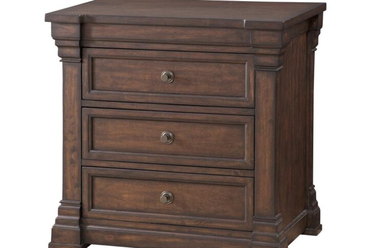 Kestrel Hills brings traditional style and elegance to the bedroom for today's home fashion. The exquisite and rich finish on this collection is highlighted by the figure of the mango veneers and the transitional metal hardware is the perfect jewelry for the high end finish and wood tone.  The 3 Drawer Nightstand features 3/4 extension roller bearing side glides and felt lining in the top drawer.  Case pieces are dust proofed and drawer interiors are fully finished to protect garments.   Kestrel Hills