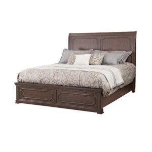 Kestrel Hills brings traditional style and elegance to the bedroom for today's home fashion. The exquisite and rich finish on this collection are highlighted by the figure of the mango veneers and the transitional metal hardware is the perfect jewelry for the high end finish and wood tone.   The low profile King Sleigh Bed featuring framed panels on the headboard and footboard