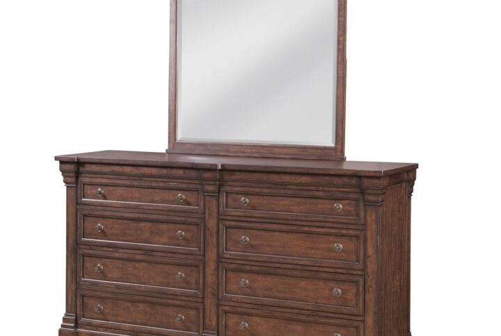 Kestrel Hills brings traditional style and elegance to the bedroom for today's home fashion. The exquisite and rich finish on this collection is highlighted by the figure of the mango veneers and the transitional metal hardware is the perfect jewelry for the high end finish and wood tone.  The 8 Drawer Dresser features 3/4 extension roller bearing side glides and felt lining in the top drawers.  Case pieces are dust proofed and drawer interiors are fully finished to protect garments.   The matching mirror boasts stately crown molding with beveled glass for strength and beauty.  Kestrel Hills