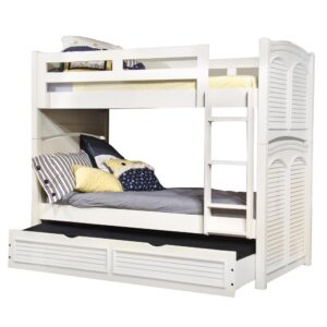 Give them a space of their own they will never outgrow with Cottage Traditions Twin Bunk Bed with Trundle from American Woodcrafters. Finished in eggshell white