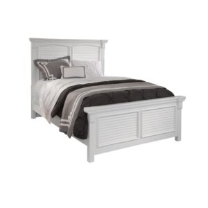 Bring instant charm and warmth to your bedroom with Cottage Traditions Square Queen Panel Bed from American Woodcrafters. The eggshell white finish and the vintage breakfront look formed by the coped crown blocks on both the headboard’s and the footboard’s straight cap rail lends to the handcrafted look. Wide molding houses the decorative louvered inserts on both the headboard and footboard and ties the pieces of this collection together.  Wide vertical posts add weight to both headboard and footboard.  Mortise and tenon construction give this furniture strength and durability as well as charm.