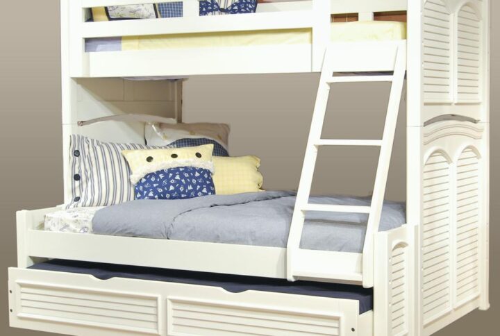 Give them a space of their own they will never outgrow with Cottage Traditions Twin Over Full Bunk Bed with Trundle from American Woodcrafters. Finished in eggshell white