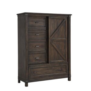 The roughhewn look and planked case tops combine with a smooth finish to create the rustic elegance of the Farmwood Bedroom Collection. The Gentlemen's Chest features five drawers for ample storage with design details including timberframe raised panels on the sliding door which reveals 3 shelves for storage.  The stylish hardware features brushed gunmetal cup-pulls and knobs.  Your purchase includes one gentlemen's chest