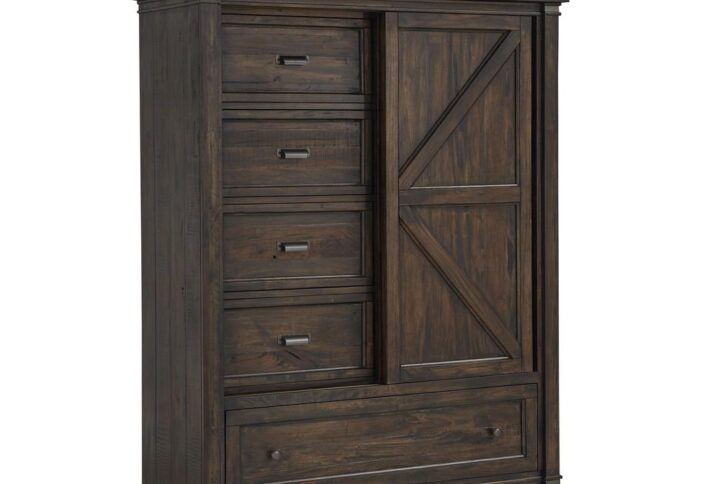 The roughhewn look and planked case tops combine with a smooth finish to create the rustic elegance of the Farmwood Bedroom Collection. The Gentlemen's Chest features five drawers for ample storage with design details including timberframe raised panels on the sliding door which reveals 3 shelves for storage.  The stylish hardware features brushed gunmetal cup-pulls and knobs.  Your purchase includes one gentlemen's chest