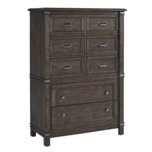 The roughhewn look and planked case tops combine with a smooth finish to create the rustic elegance of the Farmwood Bedroom Collection. The Chest features eight drawers for ample storage with framed raised drawer panels and stylish brushed gunmetal simple cup-pulls and knob hardware.  Your purchase includes one chest.