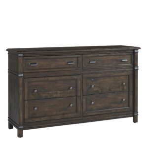 The roughhewn look and planked case tops combine with a smooth finish to create the rustic elegance of the Farmwood Bedroom Collection. The dresser features six drawers for ample storage with framed raised drawer panels and stylish brushed gunmetal cup-pulls and knob hardware.  Your purchase includes one dresser.