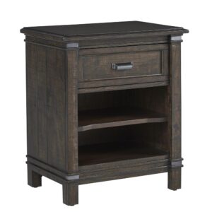 The roughhewn look and planked case tops combine with a smooth finish to create the rustic elegance of the Farmwood Bedroom Collection. The One Drawer Nightstand features open storage beneath the drawer with a framed drawer panel and stylish brushed gunmetal simple cup-pull.  Your purchase includes one nightstand.