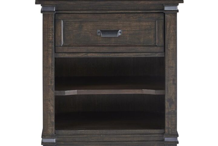 The roughhewn look and planked case tops combine with a smooth finish to create the rustic elegance of the Farmwood Bedroom Collection. The One Drawer Nightstand features open storage beneath the drawer with a framed drawer panel and stylish brushed gunmetal simple cup-pull.  Your purchase includes one nightstand.