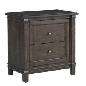 The roughhewn look and planked case tops combine with a smooth finish to create the rustic elegance of the Farmwood Bedroom Collection. The Two Drawer Nightstand features ample bedside storage with framed drawer panels and stylish brushed gunmetal knobs.  Your purchase includes one nightstand.