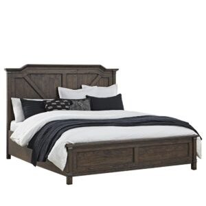 The roughhewn look and planked case tops combine with a smooth finish to create the rustic elegance of the Farmwood Bedroom Collection. The King Panel Bed design details include timberframe raised panels on the headboard