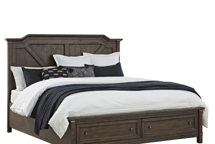 The roughhewn look and planked case tops combine with a smooth finish to create the rustic elegance of the Farmwood Bedroom Collection. The King Storage Bed design details include timberframe raised panels on the headboard