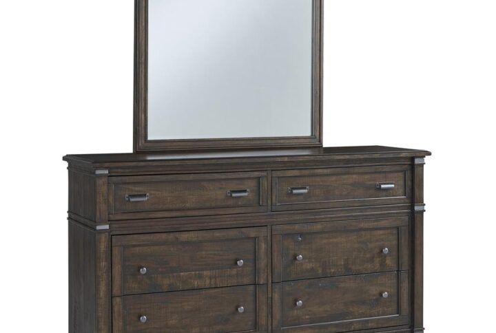 The roughhewn look and planked case tops combine with a smooth finish to create the rustic elegance of the Farmwood Bedroom Collection. The dresser features six drawers for ample storage with framed raised drawer panels and stylish brushed gunmetal simple cup-pulls and knob hardware.  The matching mirror attaches to the dresser and features beveled glass for strength and style.  Your purchase includes one dresser and one mirror.