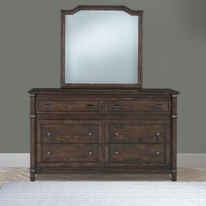 The roughhewn look and planked case tops combine with a smooth finish to create the rustic elegance of the Farmwood Bedroom Collection. The dresser features six drawers for ample storage with framed raised drawer panels and stylish brushed gunmetal simple cup-pulls and knob hardware.  The matching mirror attaches to the dresser and features beveled glass for strength and style.  Your purchase includes one dresser and one mirror.