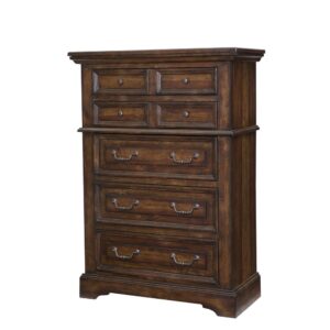 Make the warm and welcoming Stonebrook Bedroom collection a part of your home.  The rich tobacco finish is lightly distressed giving character to this well crafted collection.  The Stonebrook Chest features 5 drawers for abundant storage along with detailed molding and hammered metal knobs and drawer pulls.  To prevent snagging