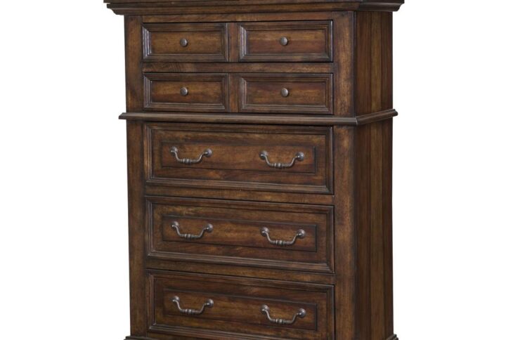 Make the warm and welcoming Stonebrook Bedroom collection a part of your home.  The rich tobacco finish is lightly distressed giving character to this well crafted collection.  The Stonebrook Chest features 5 drawers for abundant storage along with detailed molding and hammered metal knobs and drawer pulls.  To prevent snagging