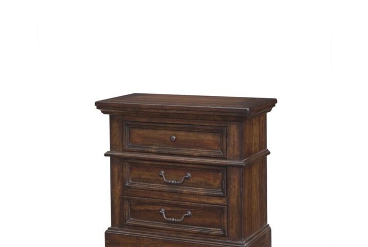 Make the warm and welcoming Stonebrook Bedroom collection a part of your home.  The rich tobacco finish is lightly distressed giving character to this well crafted collection.  The Stonebrook Nightstand features 3 drawers for  abundant storage along with detailed molding and hammered metal knobs and drawer pulls.  To prevent snagging