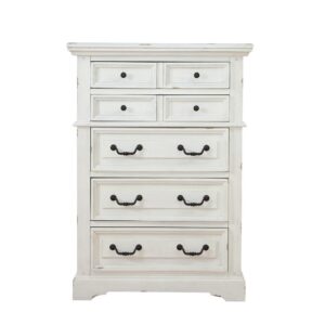 Make the warm and welcoming Stonebrook Bedroom collection a part of your home.  The Distressed Antique White finish gives character to this well crafted collection.  The Stonebrook Chest features 5 drawers for abundant storage along with detailed molding and hammered metal knobs and drawer pulls.  To prevent snagging