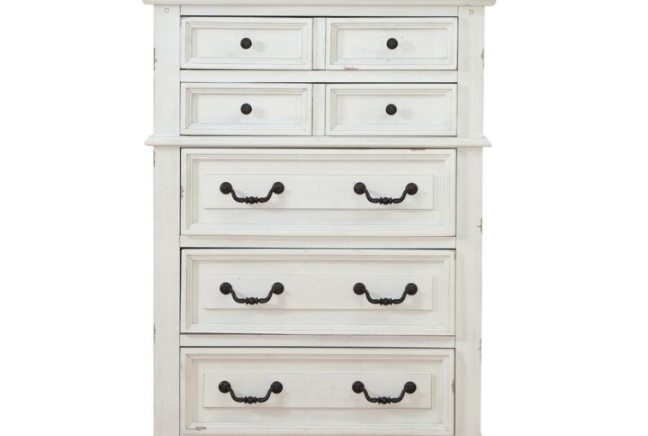 Make the warm and welcoming Stonebrook Bedroom collection a part of your home.  The Distressed Antique White finish gives character to this well crafted collection.  The Stonebrook Chest features 5 drawers for abundant storage along with detailed molding and hammered metal knobs and drawer pulls.  To prevent snagging