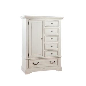 Make the warm and welcoming Stonebrook Bedroom collection a part of your home.  The heavily distressed antique white finish is accented by detailed moldings with hammered metal knobs and drawer pulls giving character to this well crafted collection.  The Stonebrook Gentleman's Chest features multiple storage options with 5 side drawers