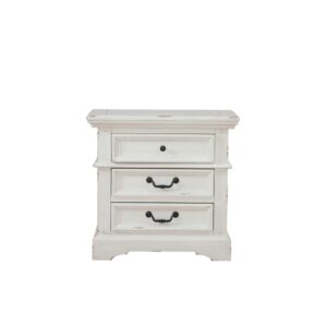 Make the warm and welcoming Stonebrook Bedroom collection a part of your home.  The Distressed Antique White finish gives character to this well crafted collection.  The Stonebrook Nightstand features 3 drawers for abundant storage along with detailed molding and hammered metal knobs and drawer pulls.  To prevent snagging