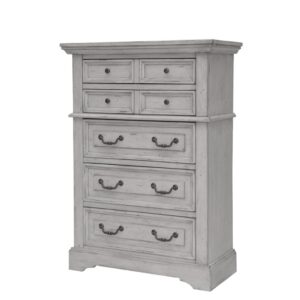 Make the warm and welcoming Stonebrook Bedroom collection a part of your home.  The Antique Gray finish is lightly distressed giving character to this well crafted collection.  The Stonebrook Chest features 5 drawers for abundant storage along with detailed molding and hammered metal knobs and drawer pulls.  To prevent snagging