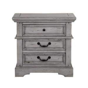 Make the warm and welcoming Stonebrook Bedroom collection a part of your home.  The Antique Gray finish is lightly distressed giving character to this well crafted collection.  The Stonebrook Nightstand features 3 drawers for abundant storage along with detailed molding and hammered metal knobs and drawer pulls.  To prevent snagging