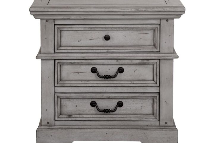 Make the warm and welcoming Stonebrook Bedroom collection a part of your home.  The Antique Gray finish is lightly distressed giving character to this well crafted collection.  The Stonebrook Nightstand features 3 drawers for abundant storage along with detailed molding and hammered metal knobs and drawer pulls.  To prevent snagging
