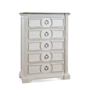 Experience southern charm with a modern twist in the Brighten Bedroom Collection.  The heavily distressed antique white finish is complemented by the antique charcoal tops and modern pewter ring drawer pulls.  Architectural pilasters frame the pieces and enhance the transitional circular designs and raised moldings of the drawer fronts.  The Brighten Chest features 5 spacious drawers for storage with felt lining in the top drawer to protect your finer things.  Your purchase includes one chest.