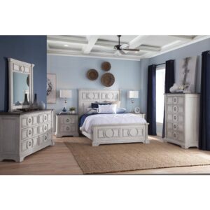 Experience southern charm with a modern twist in the Brighten Bedroom Collection.  The heavily distressed antique white finish is complemented by the antique charcoal tops and modern pewter ring drawer pulls.  Architectural pilasters frame the pieces and enhance the transitional circular designs and raised moldings of the drawer fronts.  The Brighten Dresser features 6 spacious drawers for storage with felt lining in the top drawers to protect your finer things.  Your purchase includes one dresser.