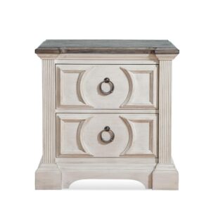 Experience southern charm with a modern twist in the Brighten Bedroom Collection.  The heavily distressed antique white finish is complemented by the antique charcoal tops and modern pewter ring drawer pulls.  Architectural pilasters frame the pieces and enhance the transitional circular designs and raised moldings of the drawer fronts.  The Brighten Nightstand features 2 drawers for bedside storage with felt lining in the top drawer to protect your finer things.  Your purchase includes one nightstand.