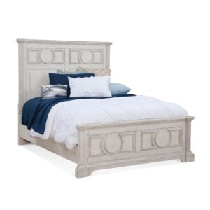 Experience southern charm with a modern twist in the Brighten Bedroom Collection.  The heavily distressed antique white finish is complemented by the antique charcoal tops and modern pewter ring drawer pulls.  Architectural pilasters frame the pieces and enhance the transitional circular designs and raised moldings of the drawer fronts.  The Brighten Panel Bed makes an impression with it's tall decorative headboard.  The low footboard allows the headboard to shine!  Bed requires both mattress and box spring (not included).  Available in Queen and King sizes.  Your purchase includes headboard