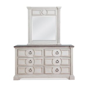 Experience southern charm with a modern twist in the Brighten Bedroom Collection.  The heavily distressed antique white finish is complemented by the antique charcoal tops and modern pewter ring drawer pulls.  Architectural pilasters frame the pieces and enhance the transitional circular designs and raised moldings of the drawer fronts.  The Brighten Dresser and Mirror features 6 spacious drawers for storage with felt lining in the top drawers to protect your finer things.  the matching mirror attaches to the dresser and features beveled glass for strength and beauty.  Your purchase includes one dresser and one mirror.