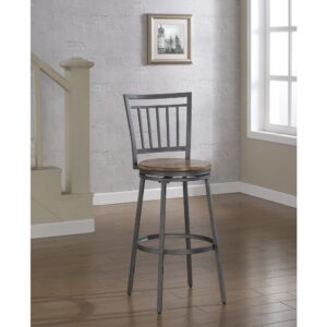 with clean lines and crisp angles.  Crafted from metal with a Slate Grey finish and a Golden Oak hardwood seat