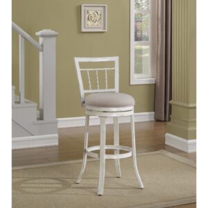 Enjoy the urban cottage style of the Palazzo bar stool.  This metal stool is finished in a hand painted antique white finish. The decorative slat back and beige fabric seat will complement a variety of decors.  The full 360° swivel is complemented by the circular footrest that will keep you comfy no matter which way you turn.