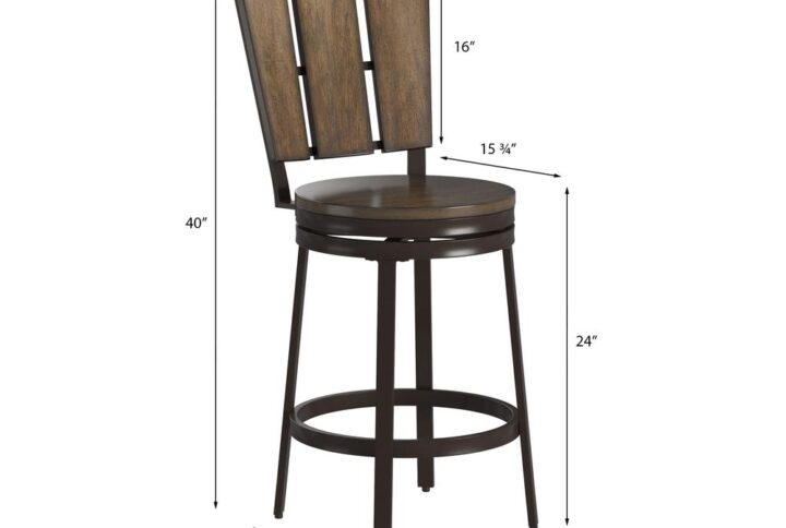 Modern flair and a rugged edge combine to form the Greyfield Counter Stool. The wide vertical slat back and wood seat are finished in a deep espresso with a sturdy powder coated dark metal frame. Features include a 360 degree swivel seat