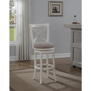 The Accera Bar Stool offers a casual look that will complement most any decor. Made of solid hardwood with an Antique White finish and and light brown linen seat