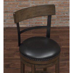 industrial flare with its charcoal finished steel back design and solid wood cap accent. The washed brown finish and flared legs add style and are accented by the black bonded leather seat and charcoal finished nailhead trim.  A 360 degree swivel keeps you in the conversation while the circular footrest ensures your comfort.