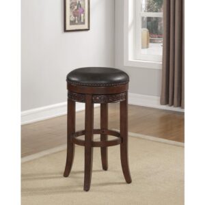 Let the Conrad Backless Counter Stool bring the ultimate in traditional design and comfort to your home.  Constructed with a solid hardwood frame in a warm cherry finish with a sturdy footrail for durability.  The 360° swivel seat features a 3" thick bonded leather cushion in a deep french roast accented by antique brass nail head trim and a decorative carved seat ring.   The perfect seating choice for your family and guests.
