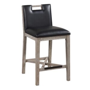 Make a statement with the modern Jakarta Counter Stool.  The solid wood frame is finished in a soft driftwood grey which highlights the well tailored seat and back in a lustrous black bonded leather.  Cross stretchers add design plus strength and stability.