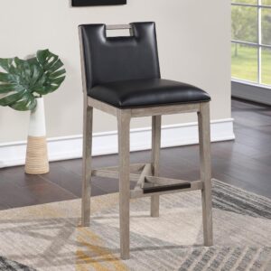 Make a statement with the modern Jakarta Bar Stool.  The solid wood frame is finished in a soft driftwood grey which highlights the well tailored seat and back in a lustrous black bonded leather.  Cross stretchers add design plus strength and stability.