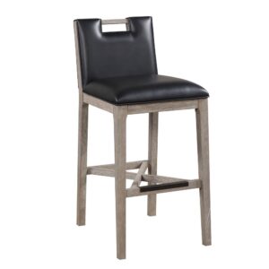 Make a statement with the modern Jakarta Bar Stool.  The solid wood frame is finished in a soft driftwood grey which highlights the well tailored seat and back in a lustrous black bonded leather.  Cross stretchers add design plus strength and stability.