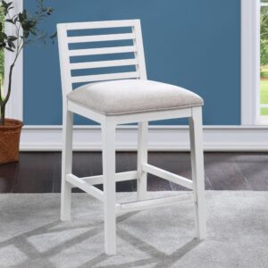 The Siri Counter Stool offers a low profile design with clean lines and a neutral palette to enhance most any décor.  The solid wood frame features a white finish with a comfortable upholstered seat in an easy to clean grey polyester fabric.